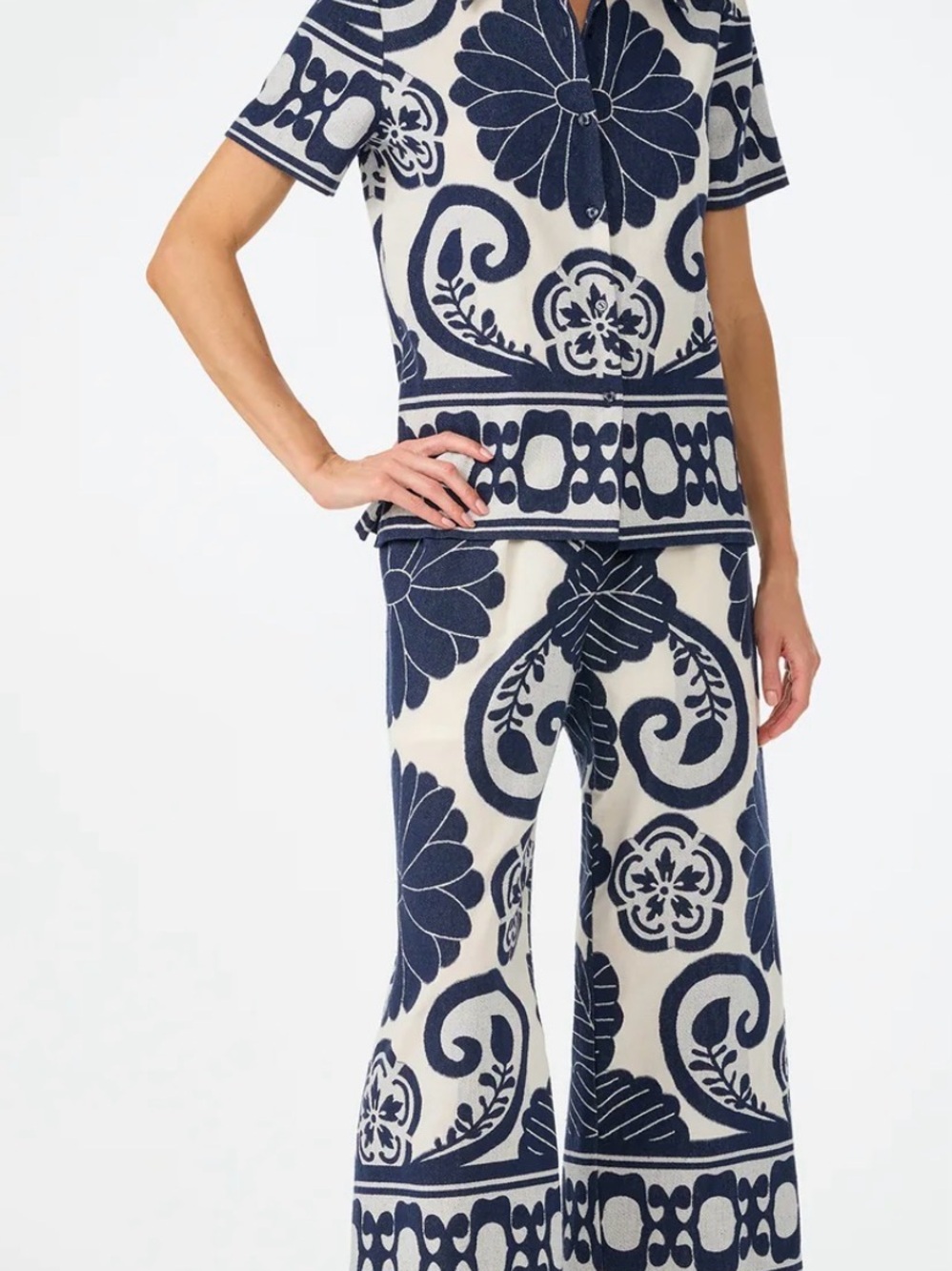 Trina Turk Estella 2 Navy & White Patterned Wide-Leg Knit Pants small NWT